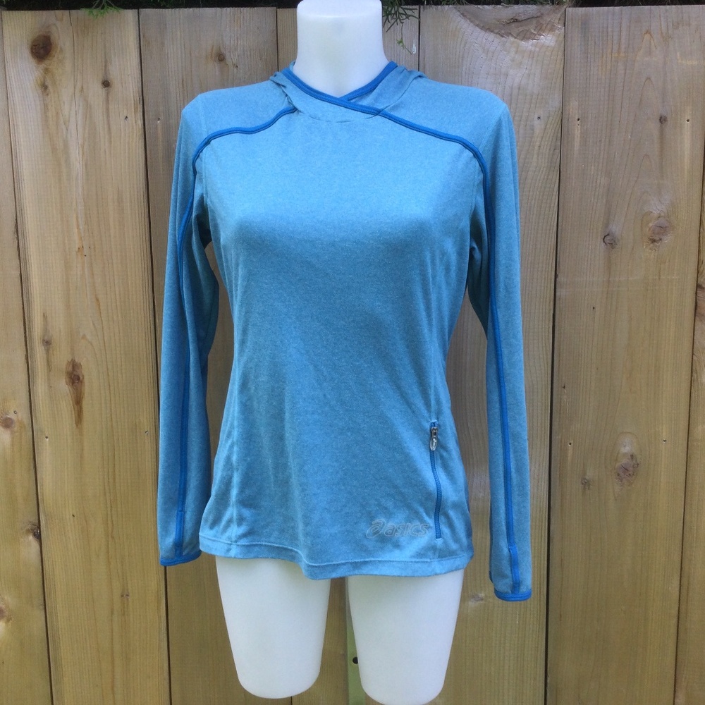 ASICS blue long sleeve hooded run top size medium
